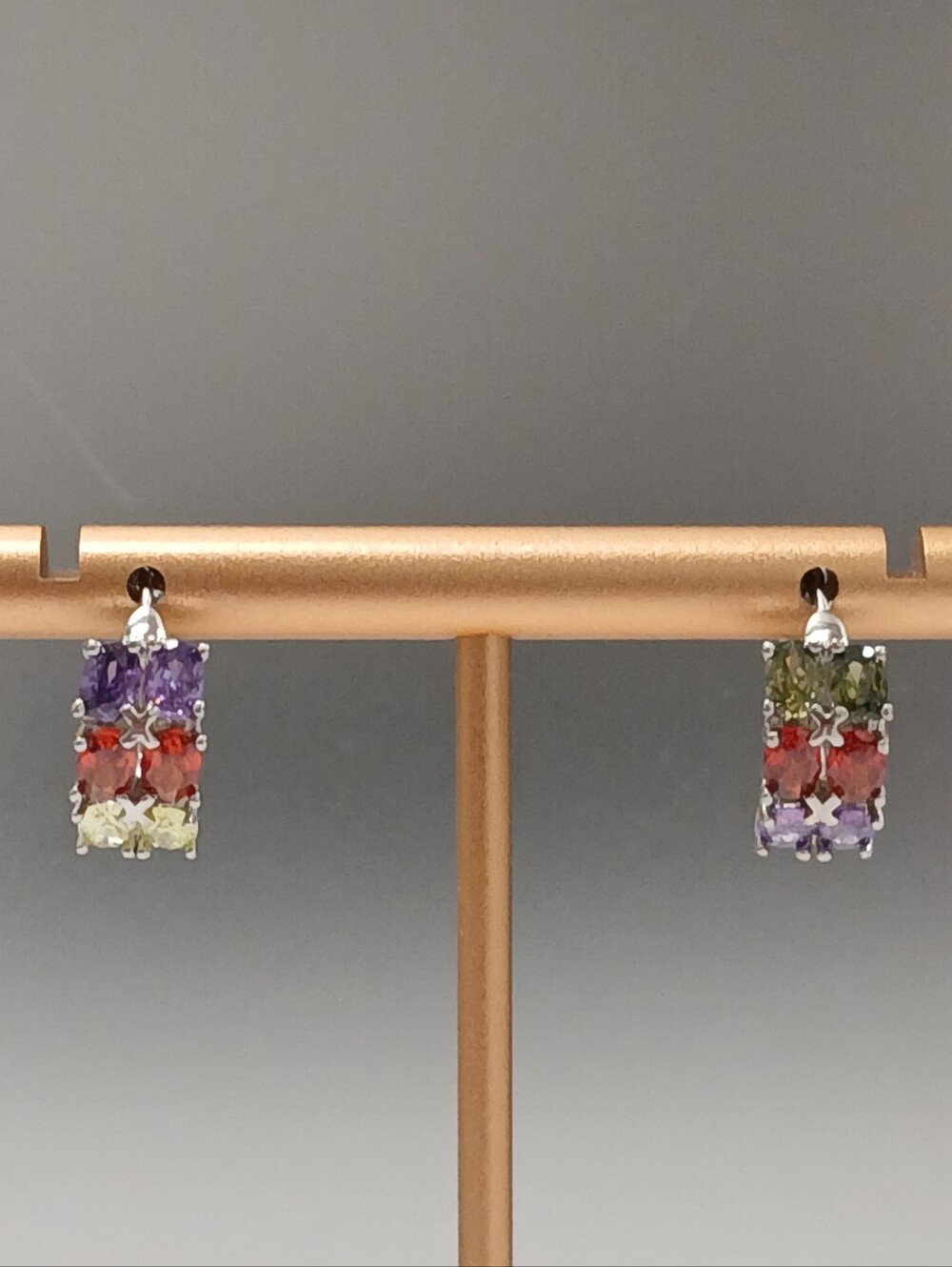 NEW! 18k White Gold Plated Multi-Color Gemstone Snap Back Earrings Never Worn